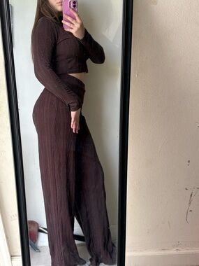 Wide-Leg Knit Pants in Deep Chocolate Brown